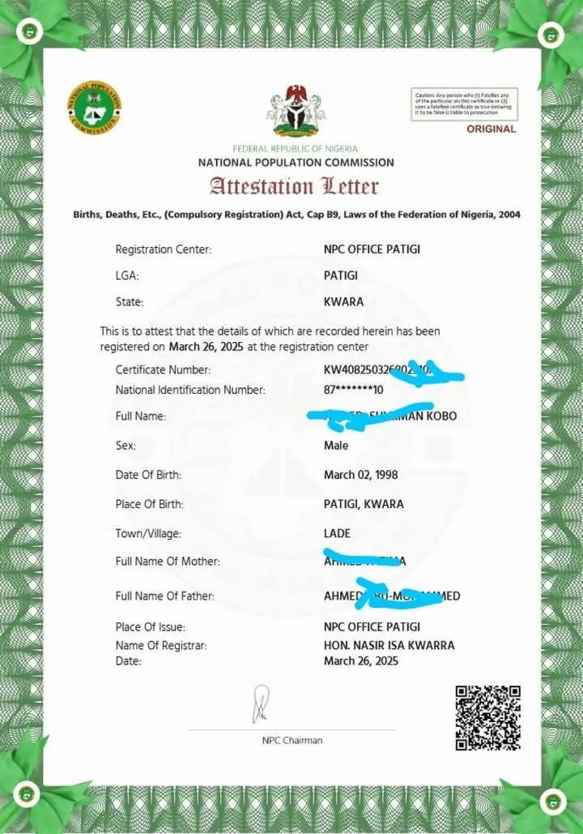 Official NPC Birth Attestation Letter And Birth Certificate Processing - Image 1