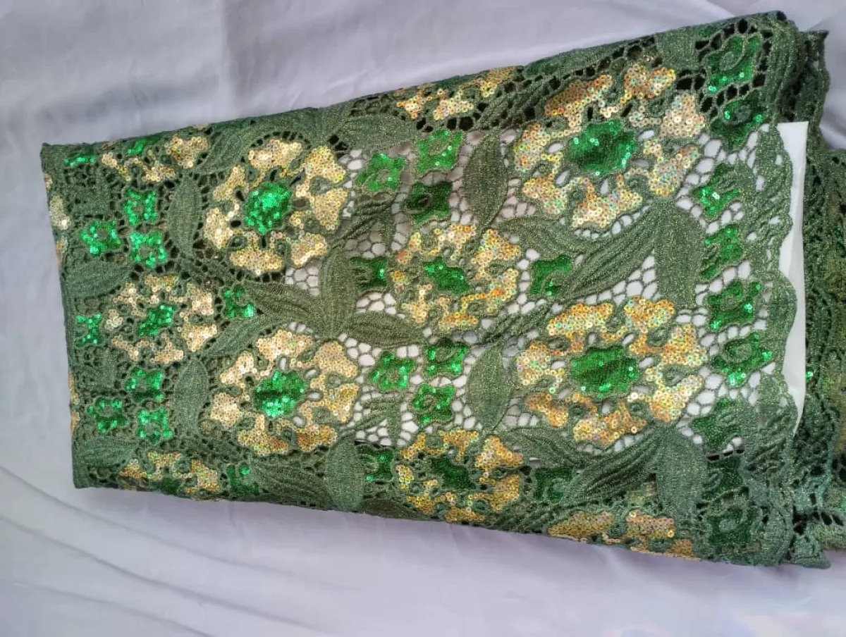 Olive Green Sequins Guipure Lace - Image 6