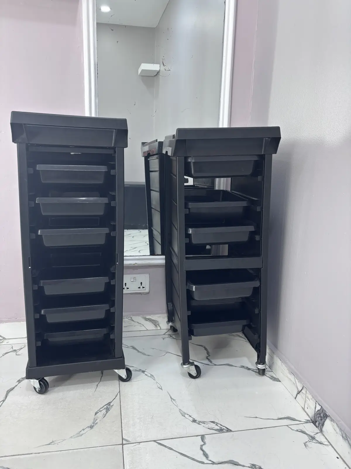 Black salon trolley cart with styling storage - Image 1