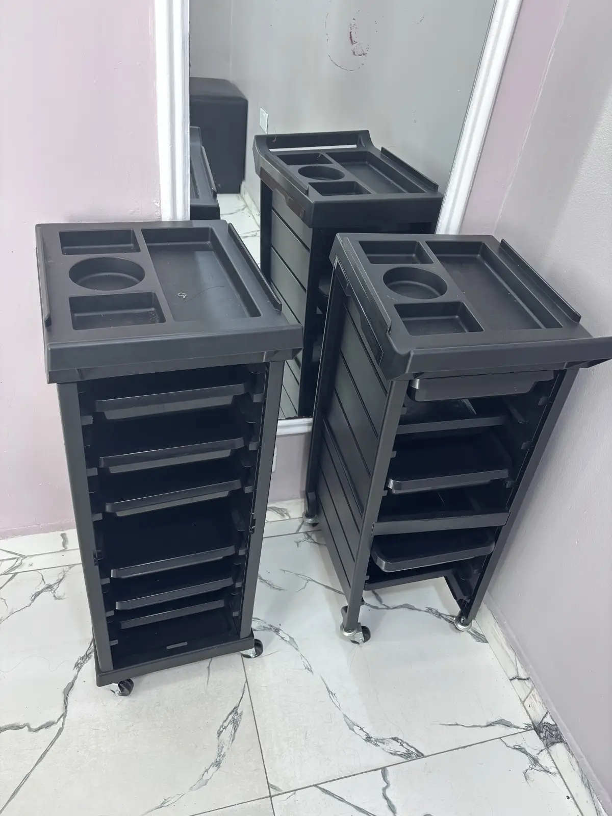 Black salon trolley cart with styling storage - Image 2