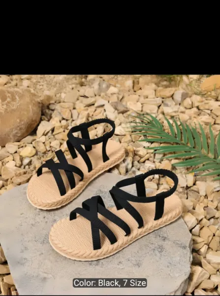 1 Pair Women'S Black Elastic Band Flat Open-Toe Slip-On Sandals