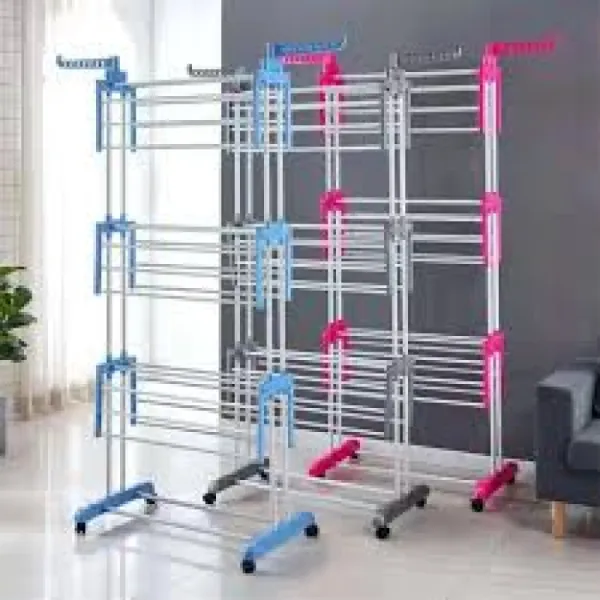 3-Layer Foldable Cloth Drying Rack (IndoorOutdoor) - Blue, Pink, Grey