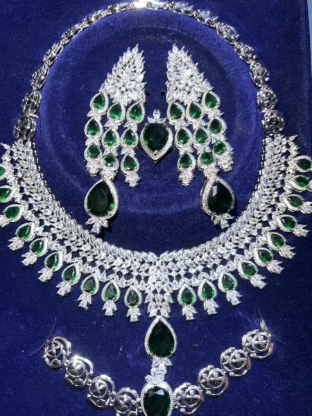 4 piece set of Quality Green and Silver Zirconia bridal and owamber jewelry