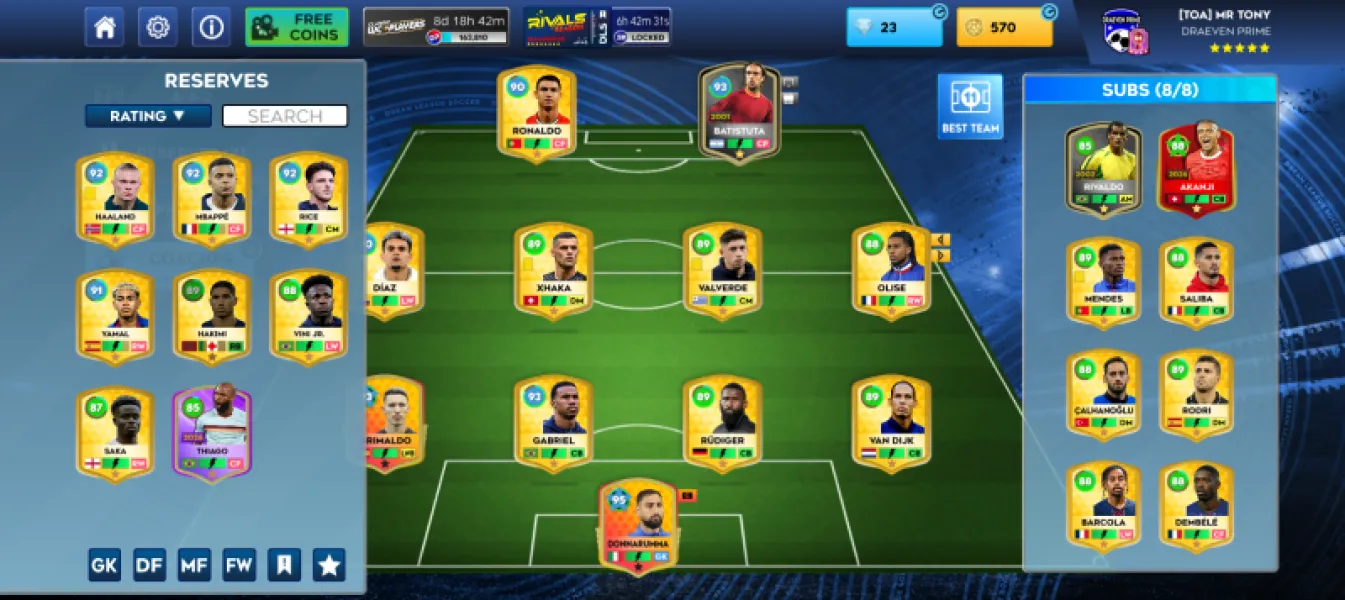 DLS Account 91. 8 Rating Strong Squad Cheap