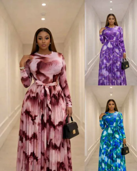 Quality long sleeve maxi gown with self tie belt