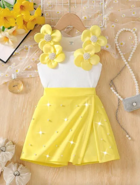 Kids 2pcs/Set Young Girls White Floral Beaded Top With Elastic Waist Shorts