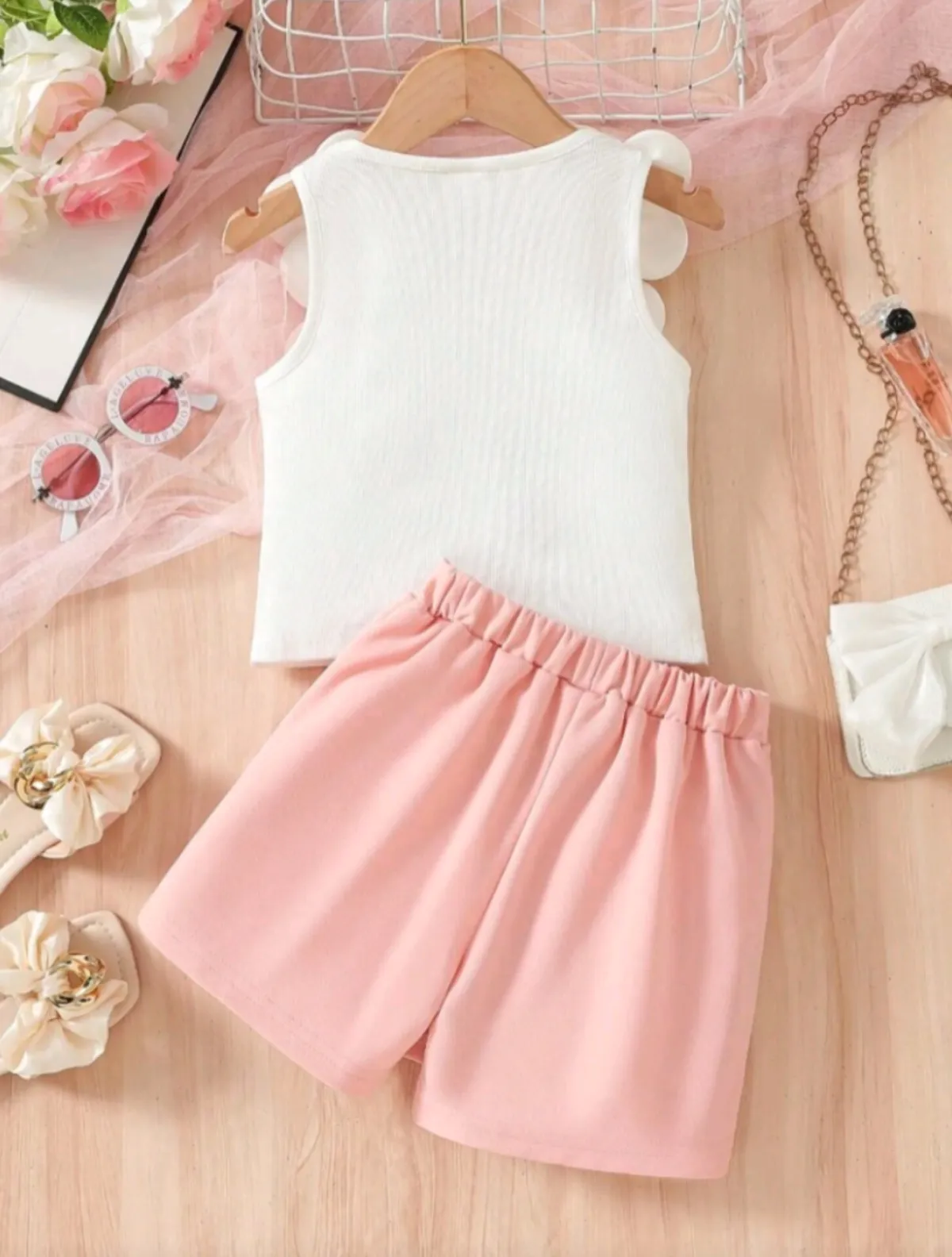 Kids 2pcs/Set Young Girls White Floral Beaded Top With Elastic Waist Shorts - Image 8