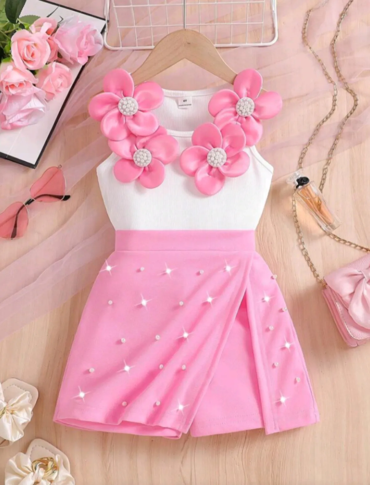 Kids 2pcs/Set Young Girls White Floral Beaded Top With Elastic Waist Shorts - Image 9