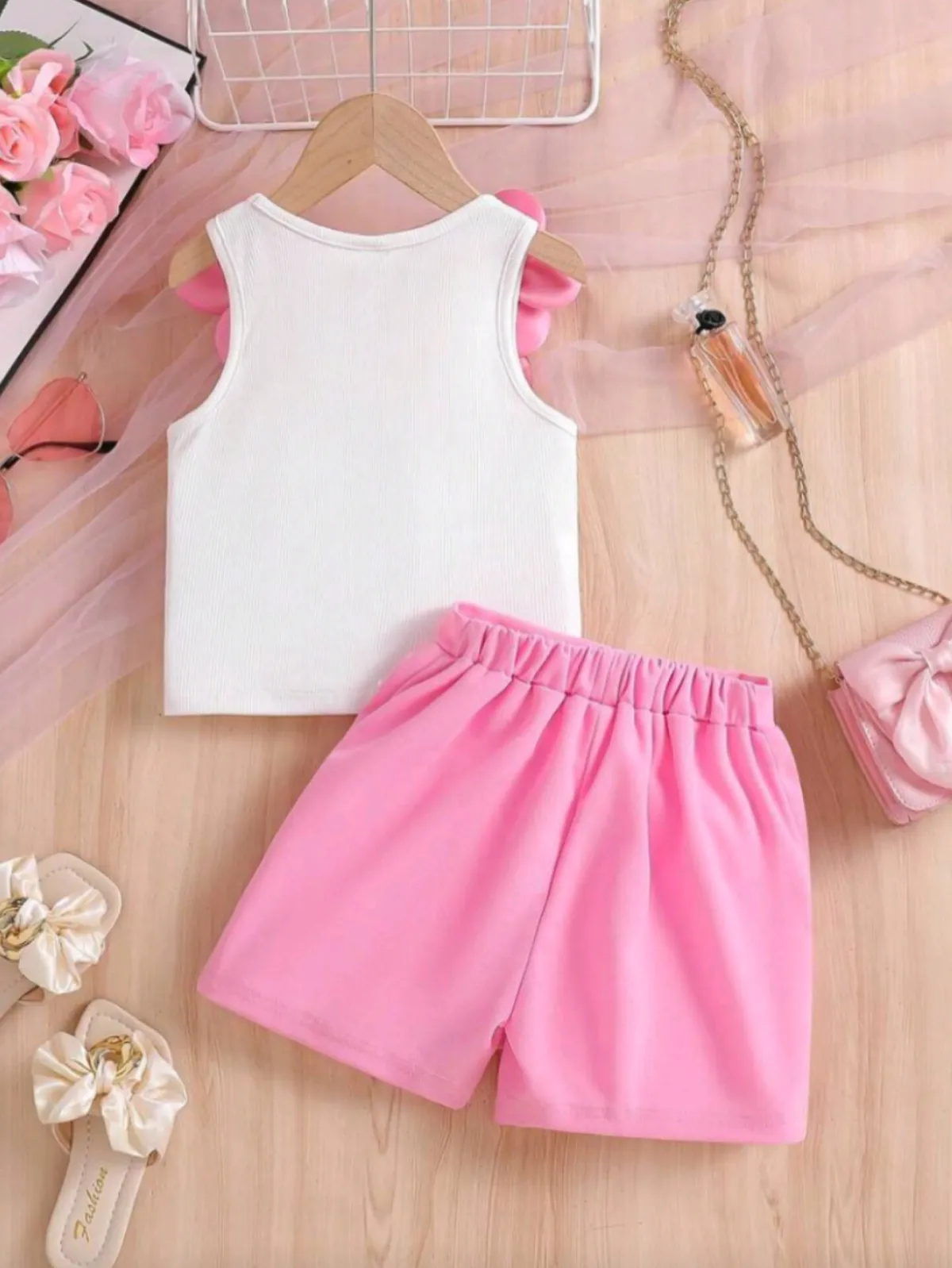 Kids 2pcs/Set Young Girls White Floral Beaded Top With Elastic Waist Shorts - Image 10