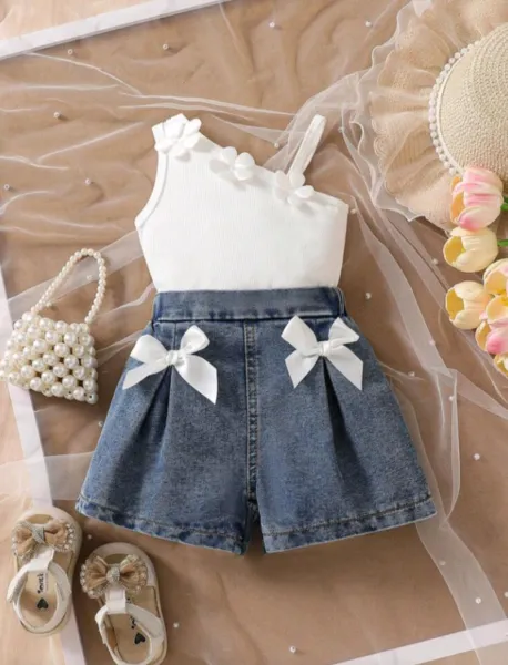 Kids 2pcs/Set Young Girls Fashion Flower And Elastic Waist Shorts Outfit