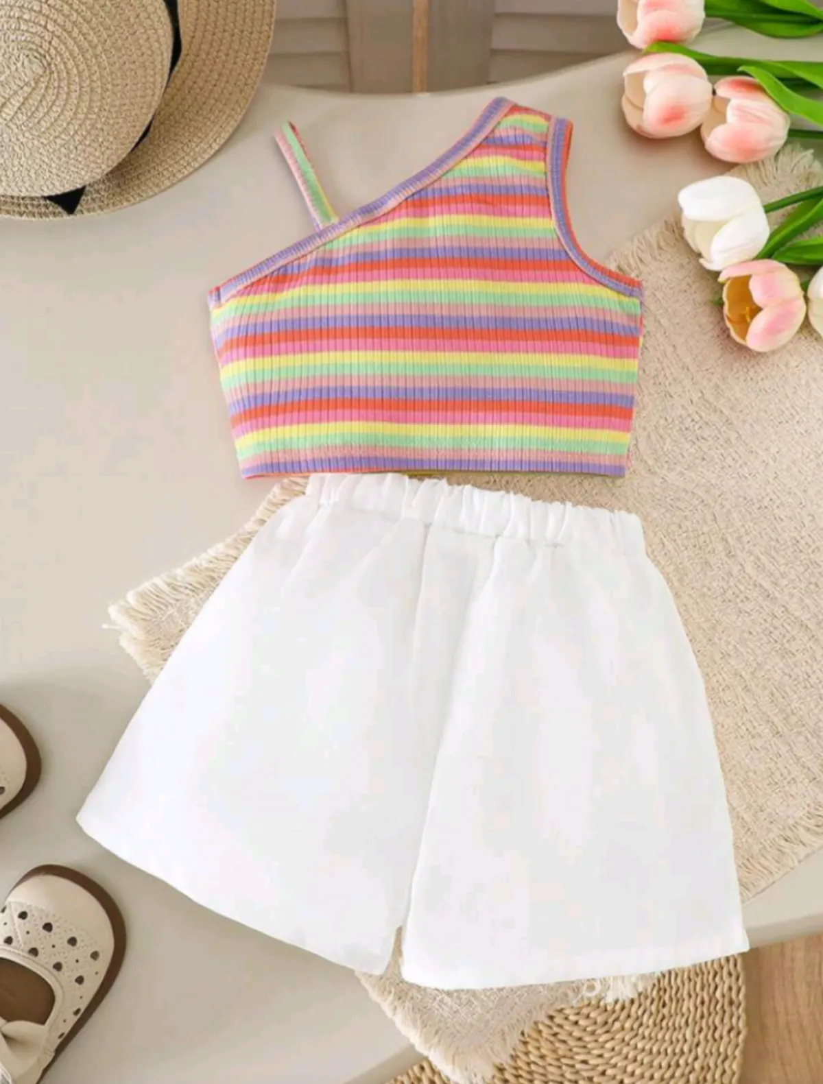 Kids 2pcs/Set Young Girls Fashion Flower And Elastic Waist Shorts Outfit - Image 7