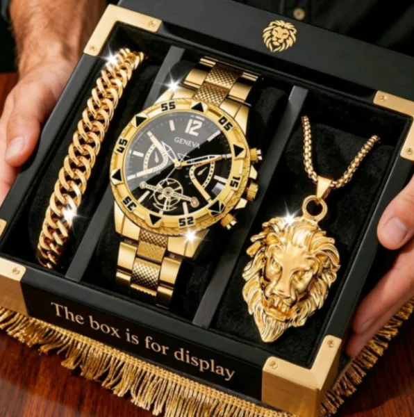 3pcs Men's Stylish Sports Watch Lion Head Necklace And Bracelet Set