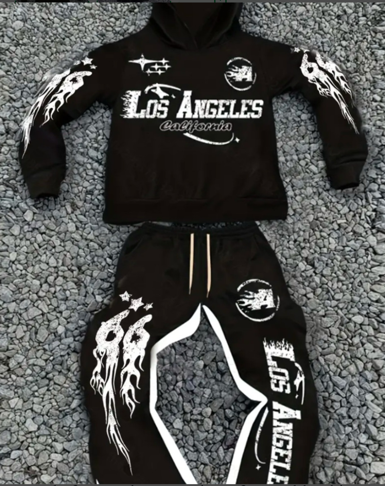 Step into the world of unapologetic street style with this all-black Los Angeles California hoodie and jogger set